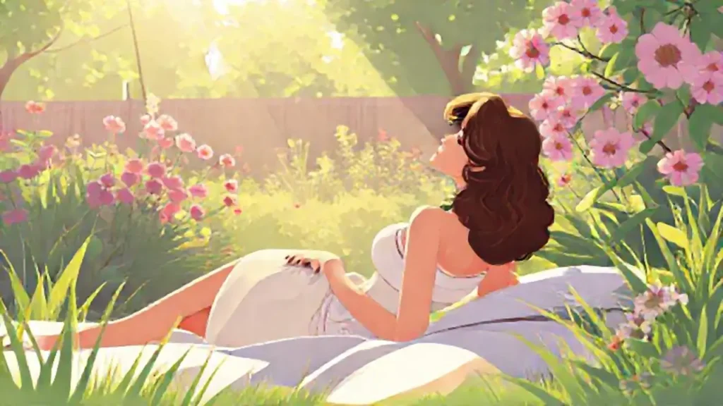 Mujer descansando en un jardín soleado