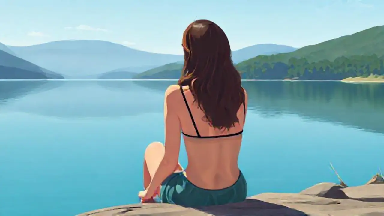 Mujer junto a un lago azul sereno