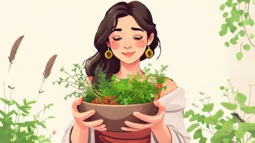 Mujer con un cuenco de hierbas