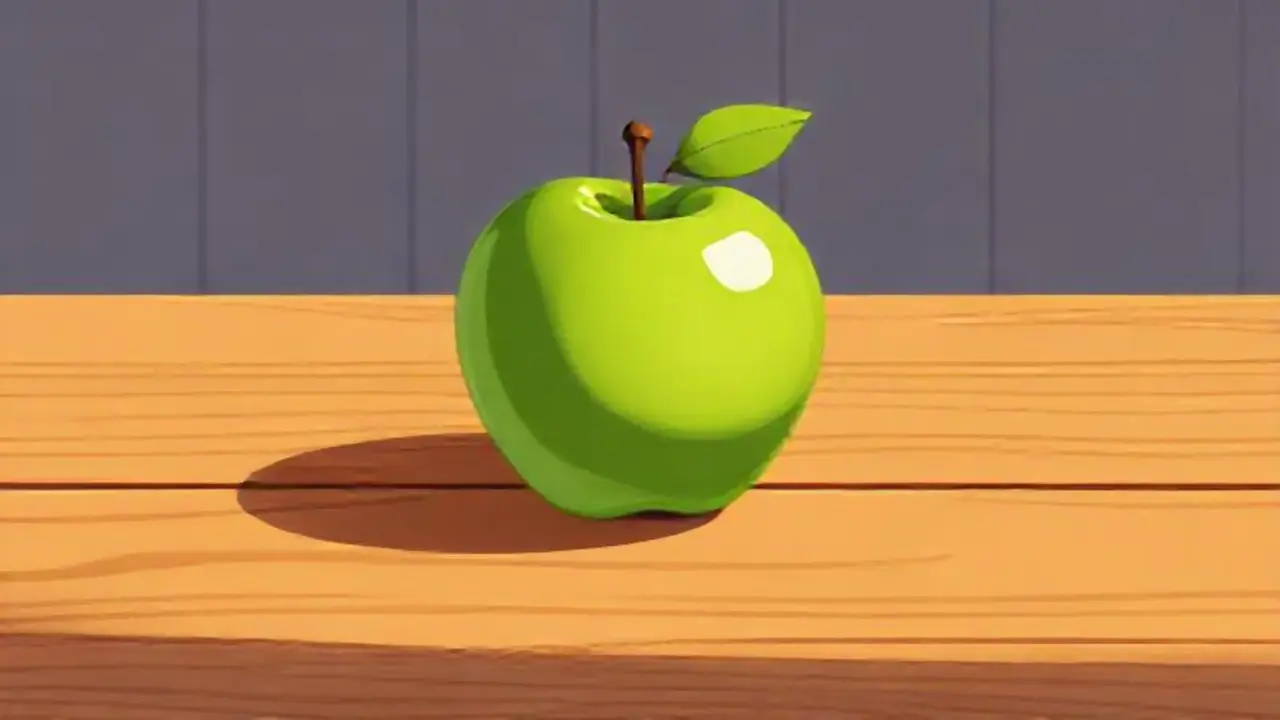 Manzana verde sobre mesa de madera
