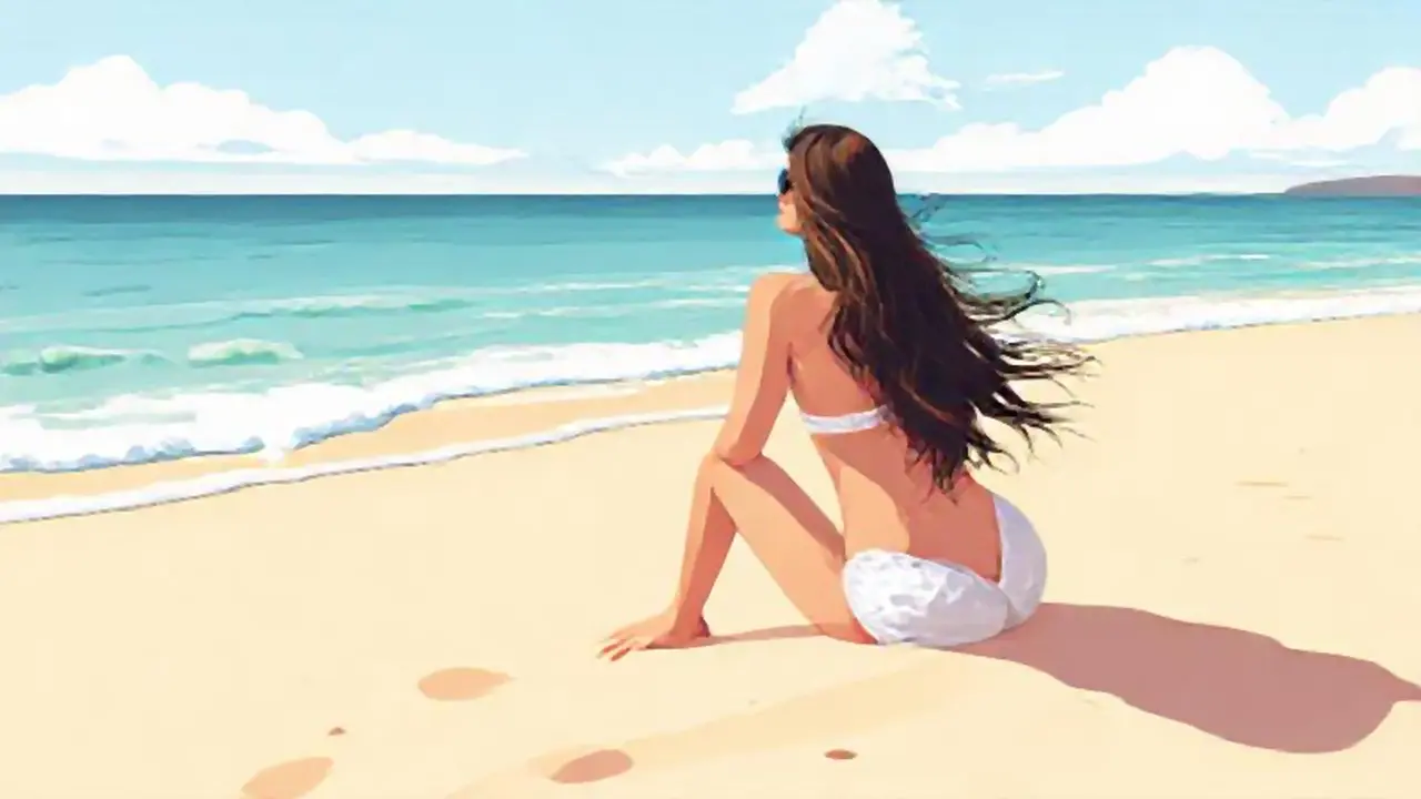 Mujer en la playa arenosa