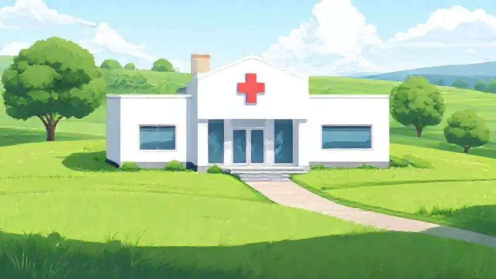 Un edificio clínico blanco en campos verdes