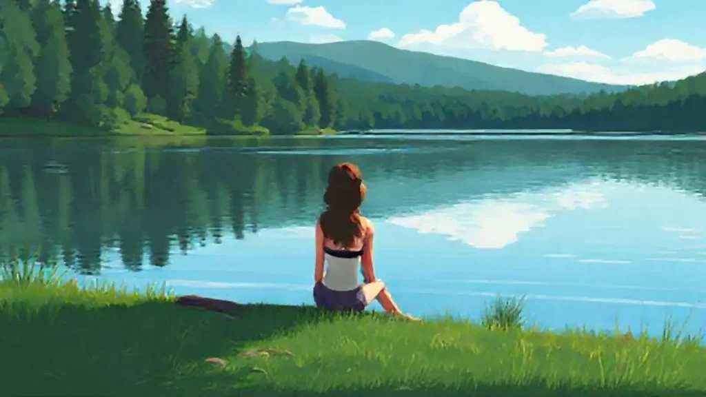 Mujer junto a un lago tranquilo