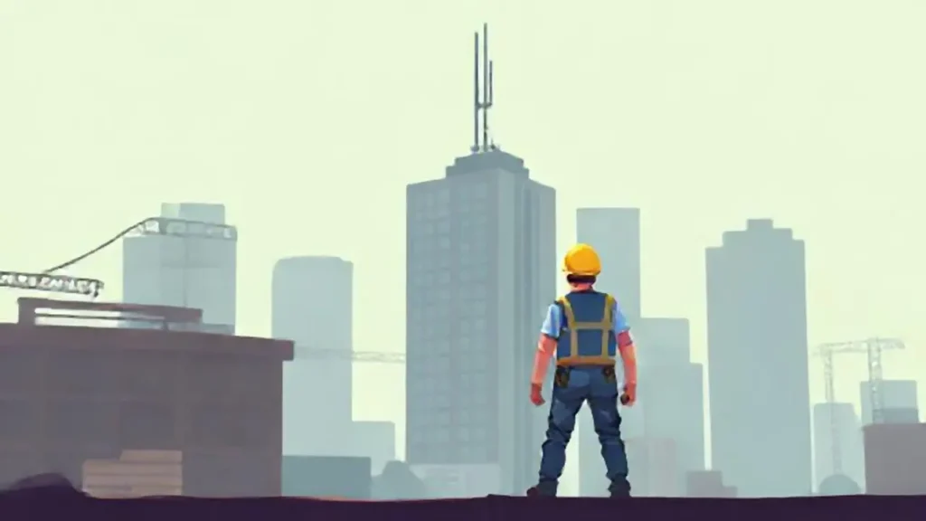 El trabajador está cerca de un edificio alto