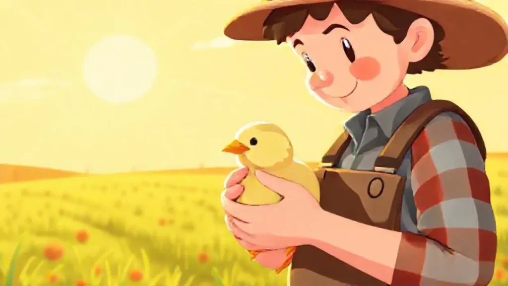 El granjero sostiene un pollito al sol