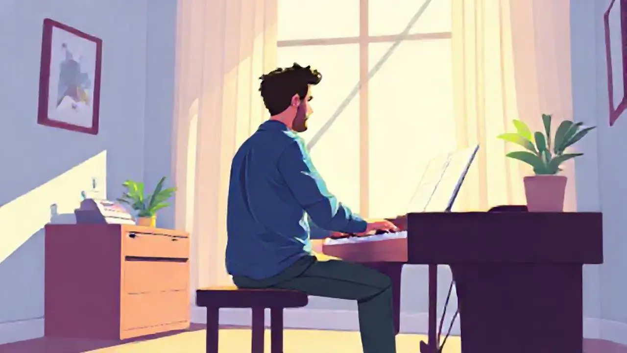 Un hombre toca el piano en una luz brillante