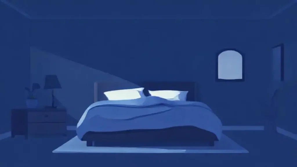 Dormitorio azul oscuro con suave luz