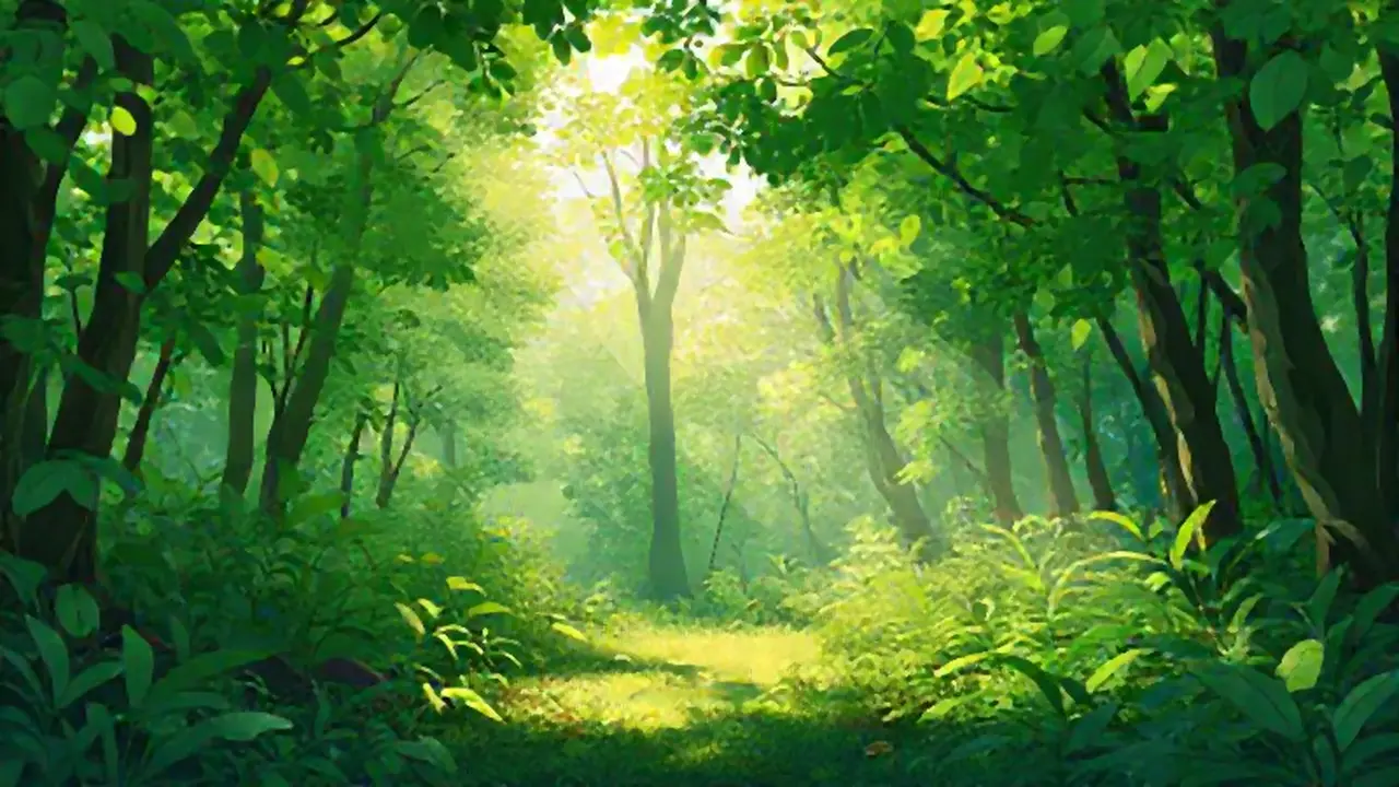 Bosque verde bañado por la luz