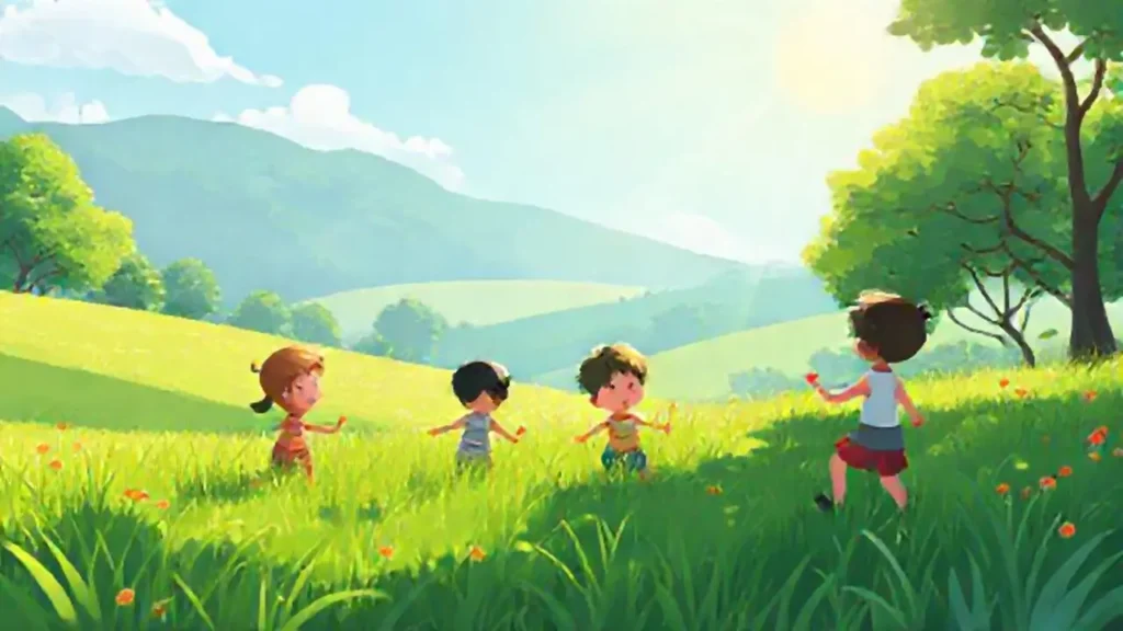 Niños juegan bajo el sol en un campo verde