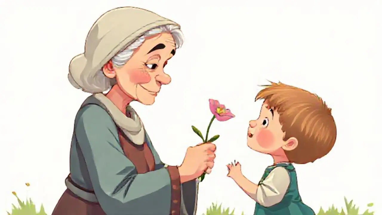 Una anciana regala una flor a un niño