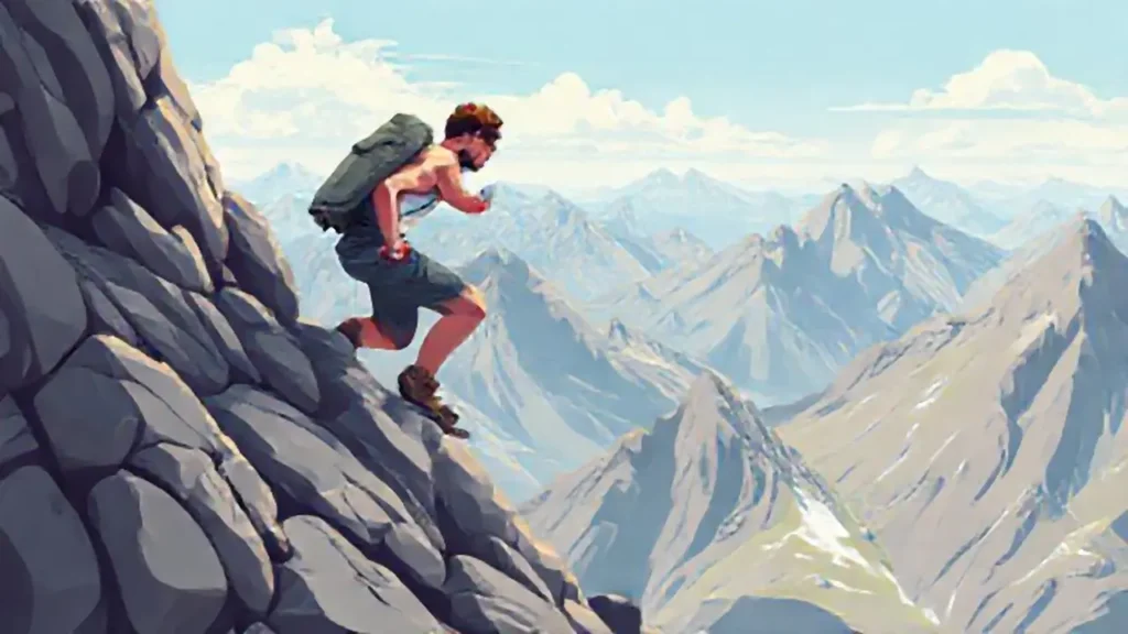 Hombre fuerte escala montaña