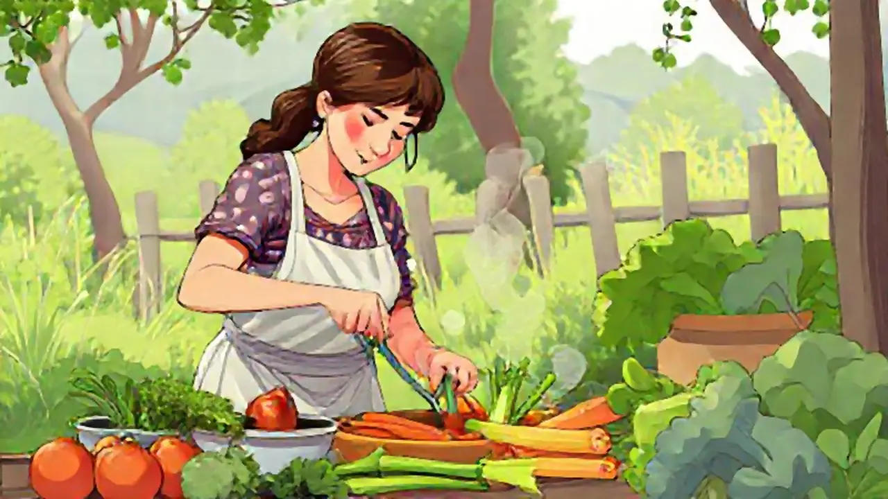 Mujer cocina verduras al aire libre