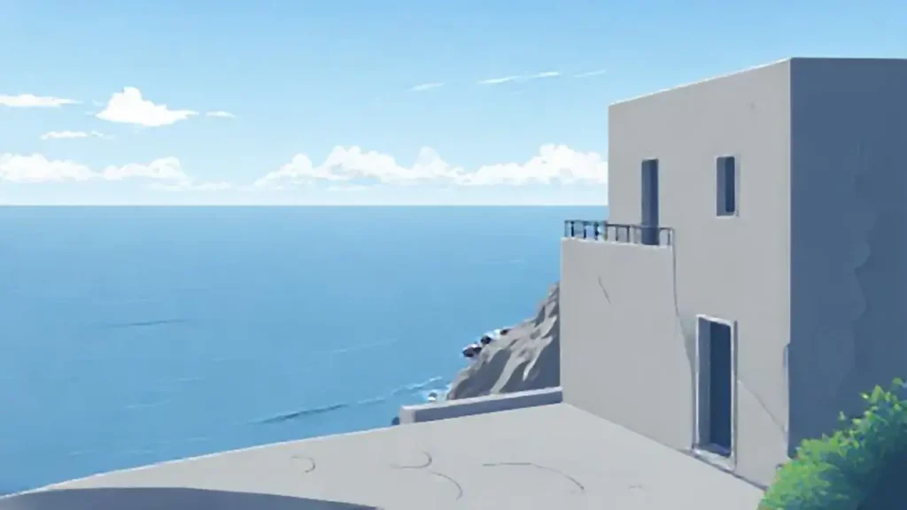 Edificio gris frente al mar