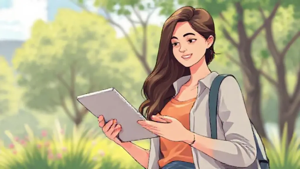 Mujer con tableta al aire libre