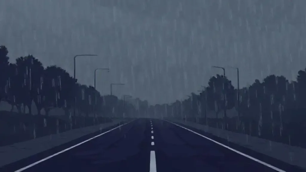 Lluvia gris sobre el camino oscuro