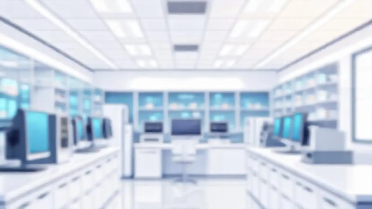 Laboratorio blanco con pantallas borrosas