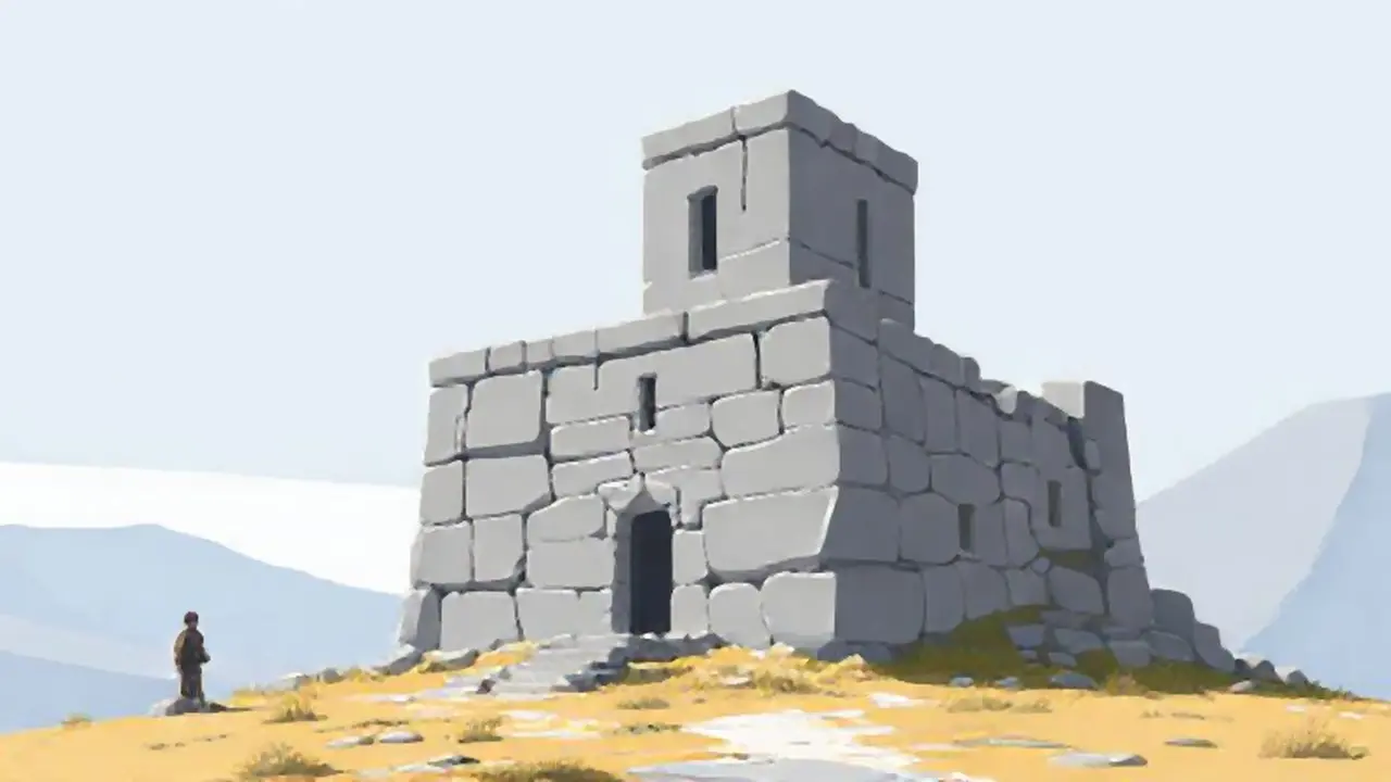 Edificio de piedra gris, figura lejana