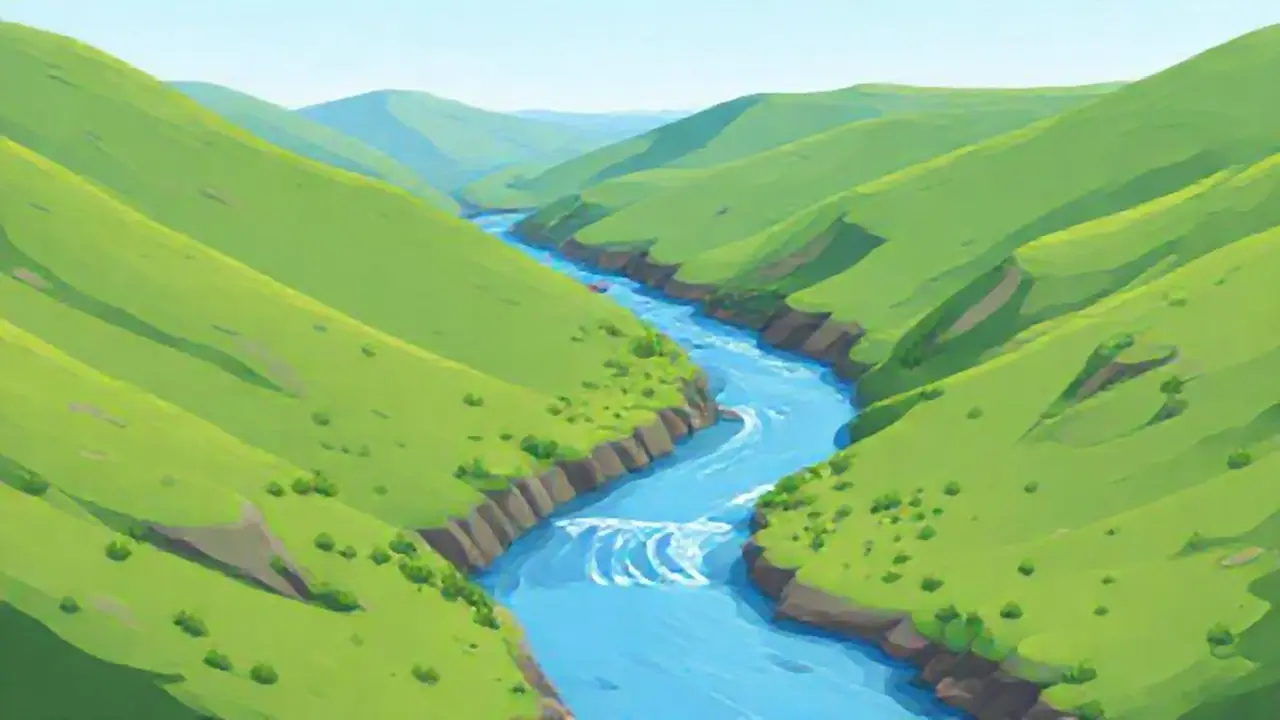 Río azul por verdes colinas