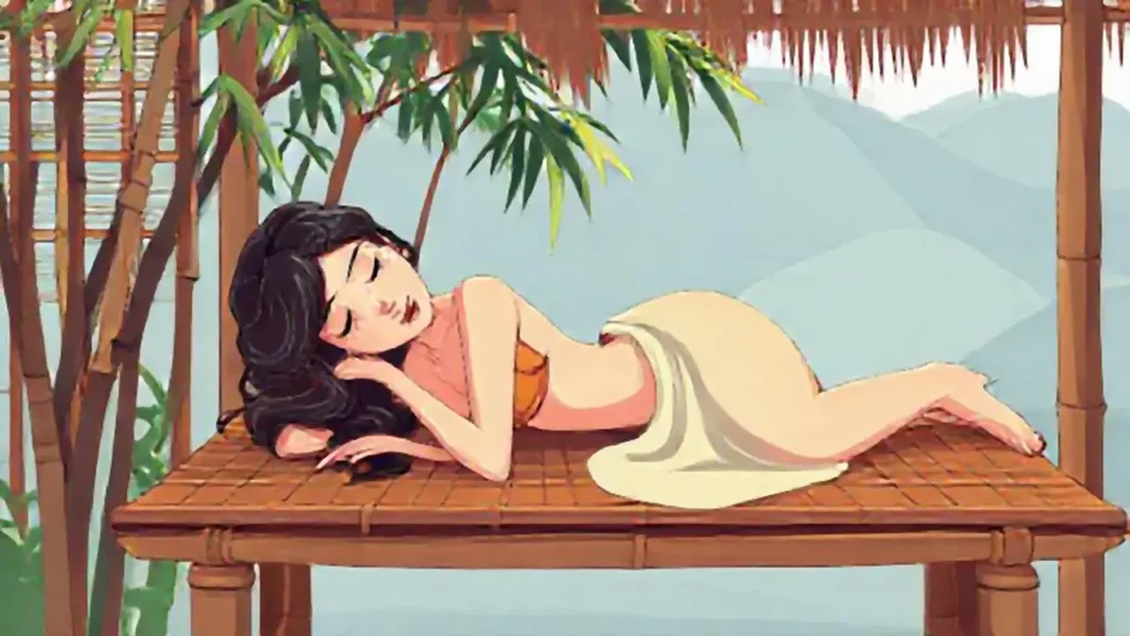 Mujer descansando en una mesa de bambú