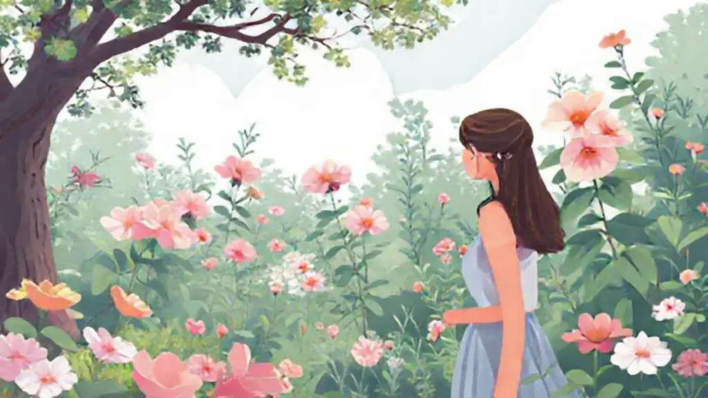 Mujer pálida junto a un jardín floreciente