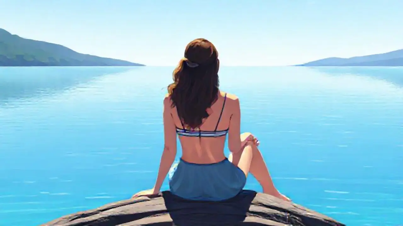 Mujer junto a un lago azul
