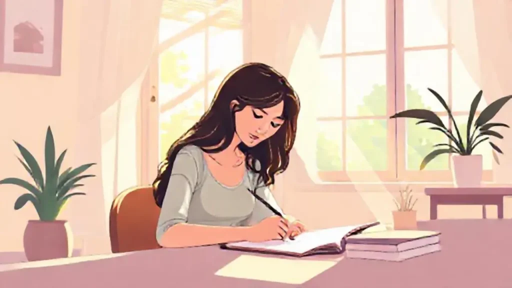 Mujer escribiendo en un cuarto iluminado por el sol