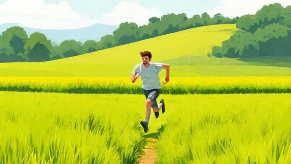 Un hombre corre por el campo verde