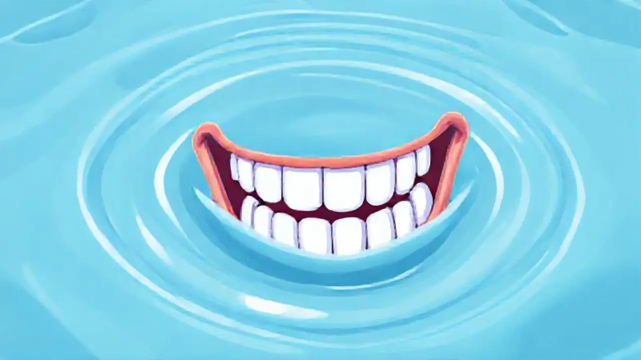Dientes blancos brillan en el agua azul