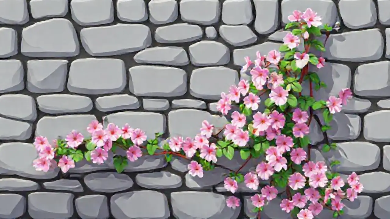 Muro de piedra gris con enredadera floreciente