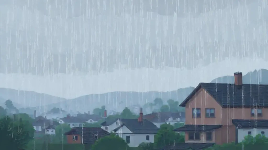 Lluvia gris sobre casas lejanas