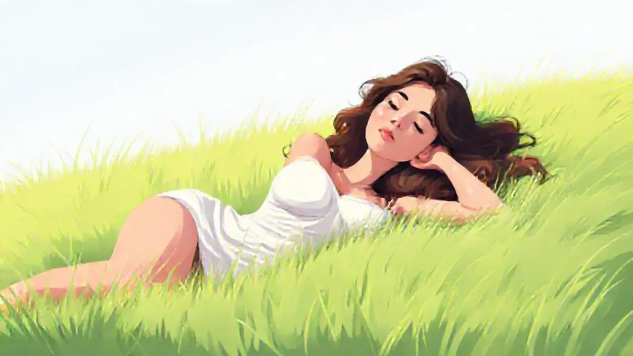 Mujer descansa sobre hierba suave