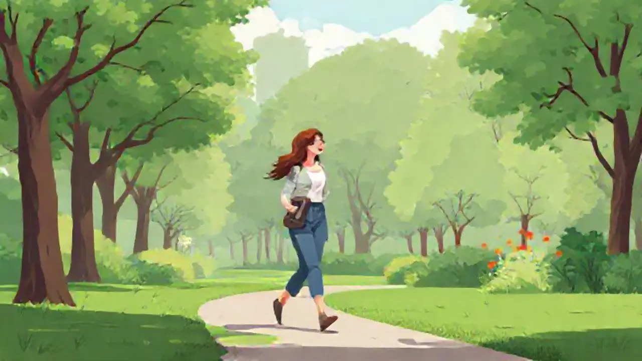 Mujer camina en un parque verde