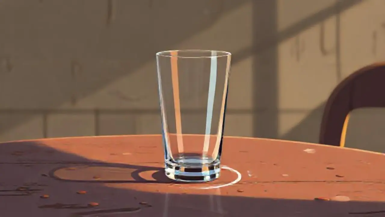 Un vaso vacío sobre una mesa polvorienta