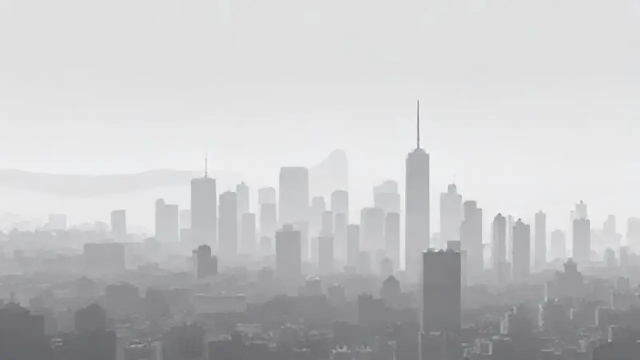 La ciudad gris se desvanece en la niebla