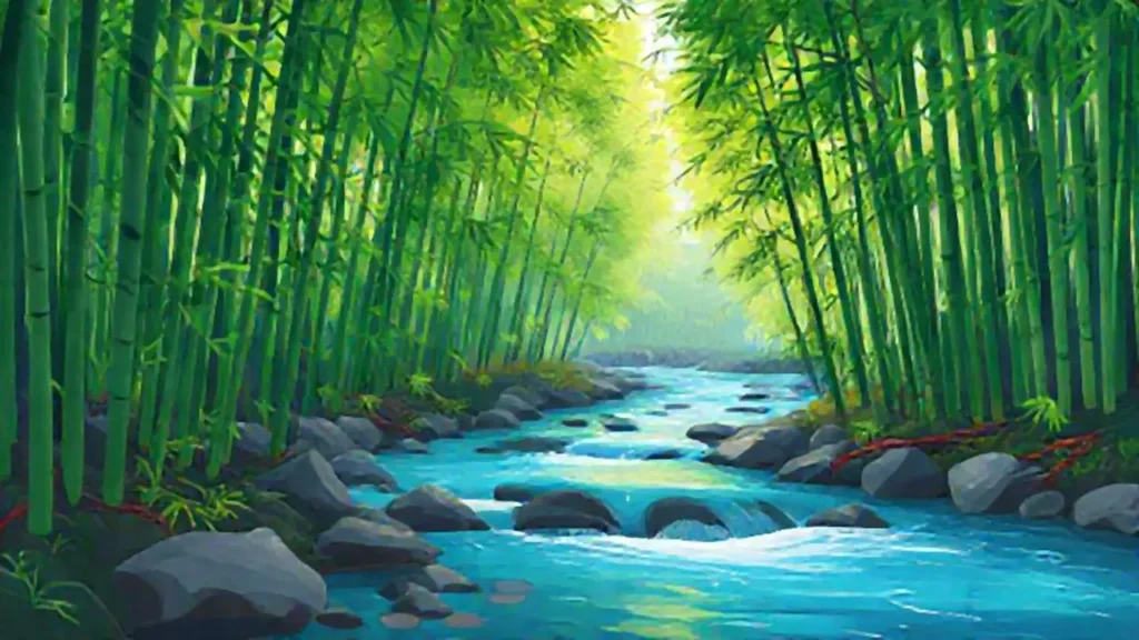 Bosque de bambú junto a un río
