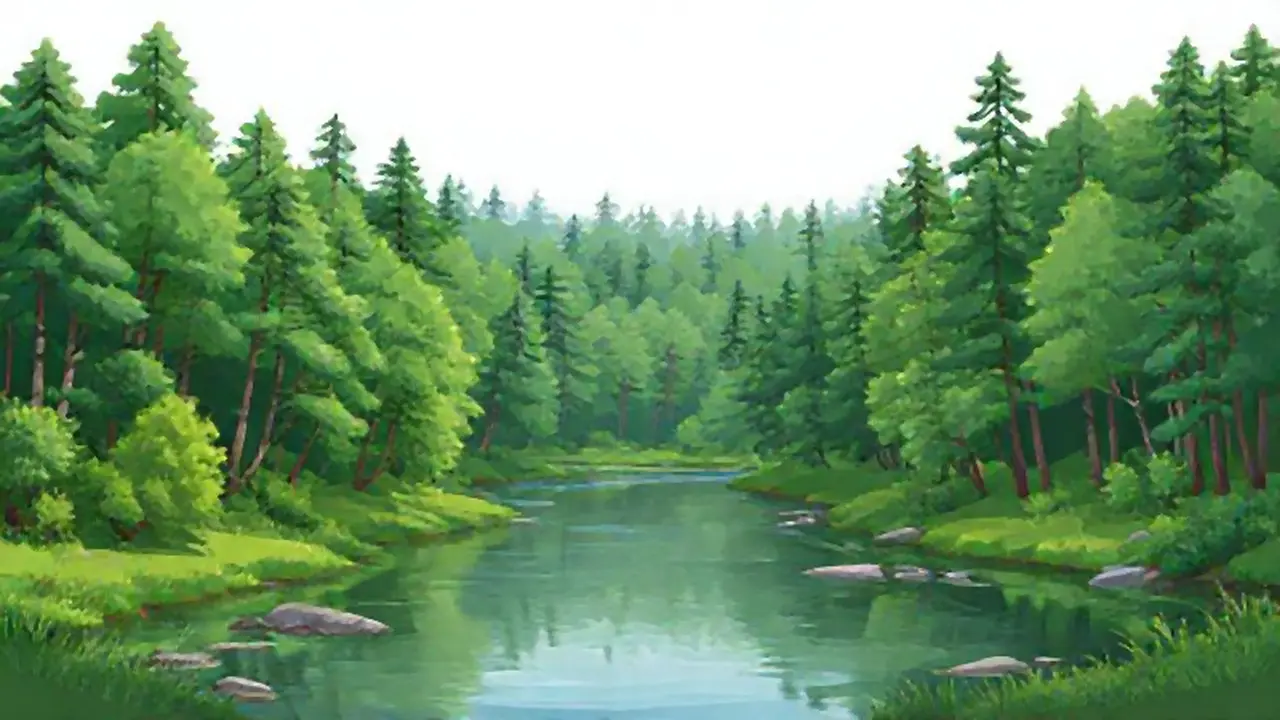 Bosque verde junto a río tranquilo