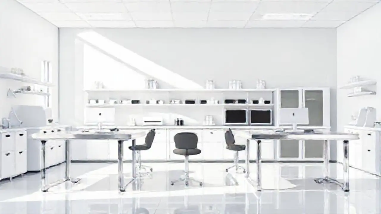 Laboratorio blanco con mesas cromadas