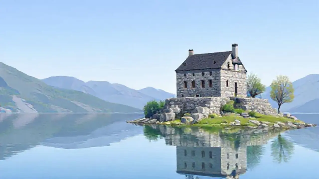 Edificio gris junto a un lago tranquilo