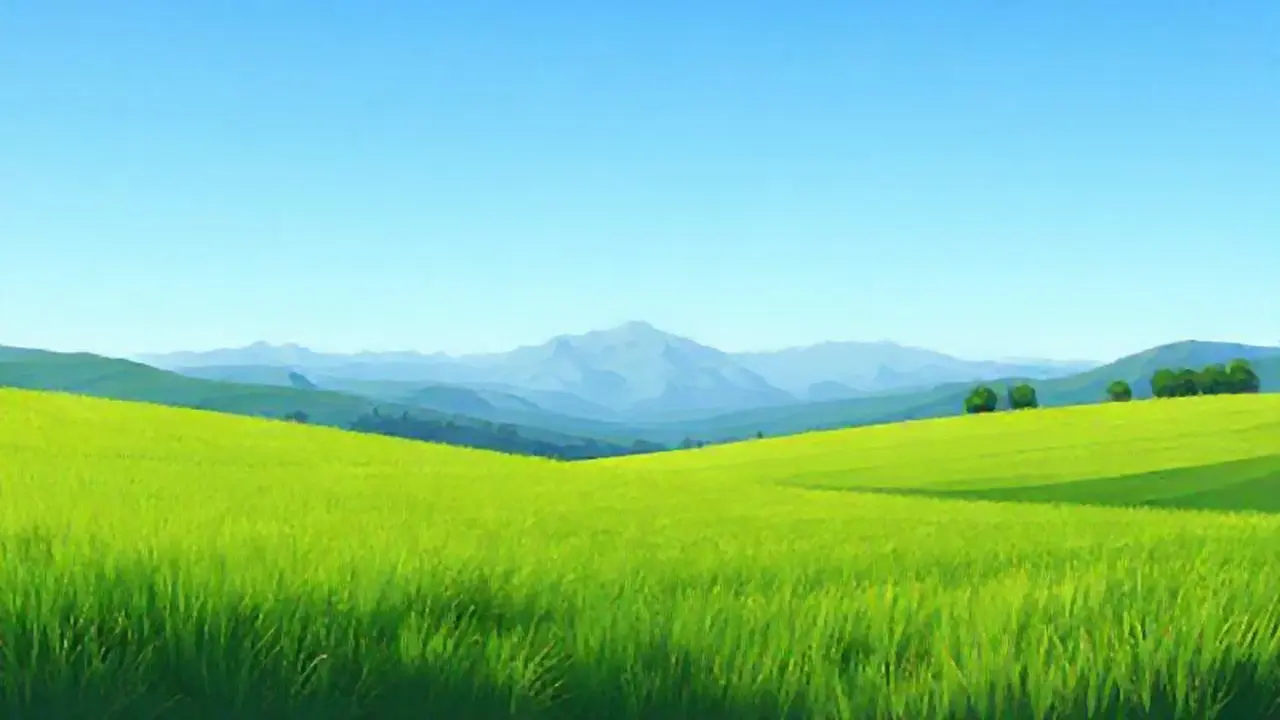 Campo verde, montañas lejanas
