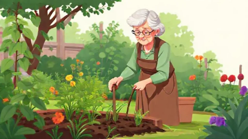 La anciana cuida su jardín