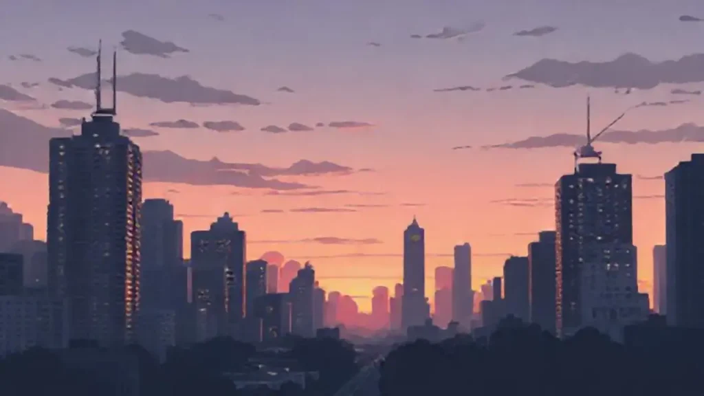 La ciudad gris se oscurece al atardecer