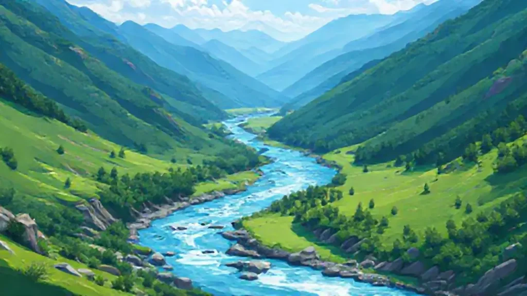 Río azul fluye por valle verde