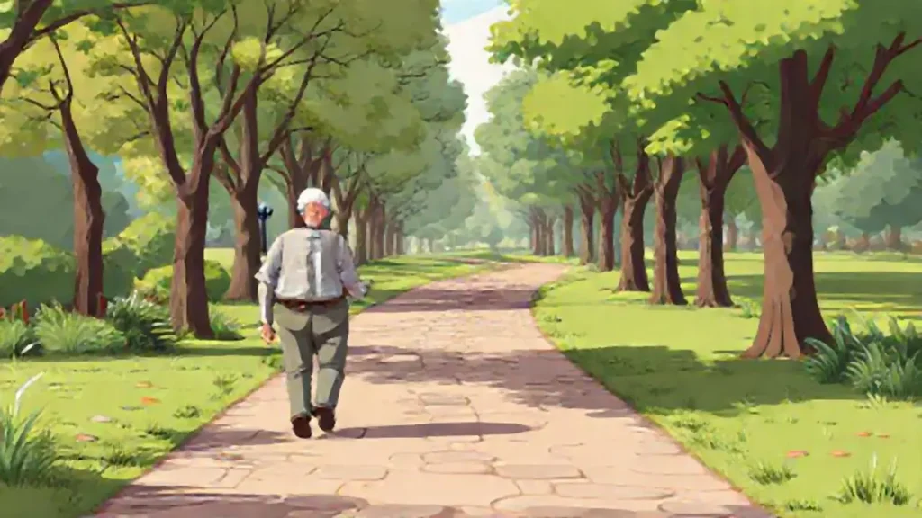 Un anciano camina por el parque