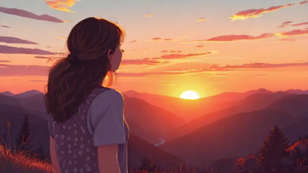 Mujer contempla el amanecer sobre montañas
