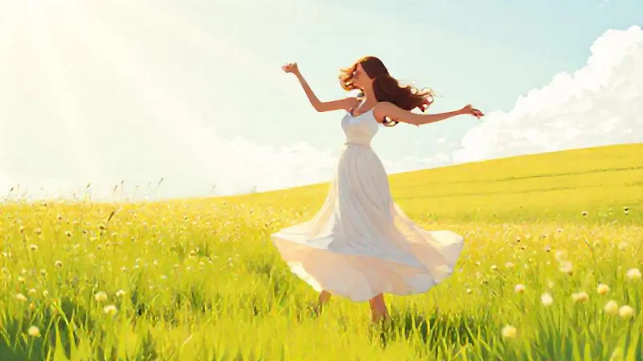 Mujer baila en un prado soleado