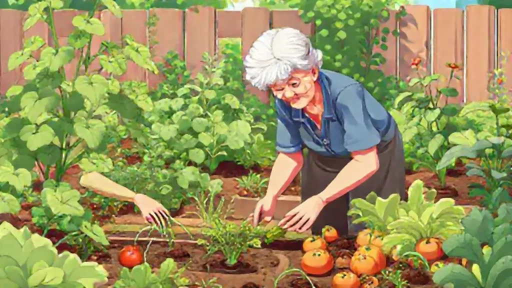 La anciana cultiva verduras