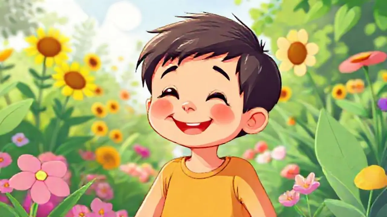 Niño sonriente en jardín colorido