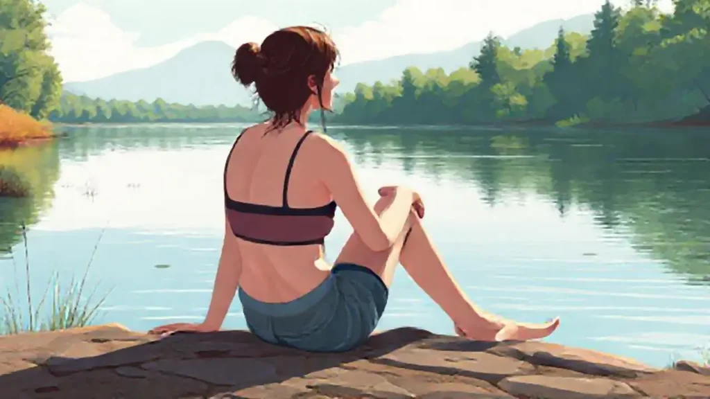 Mujer junto al río tranquilo