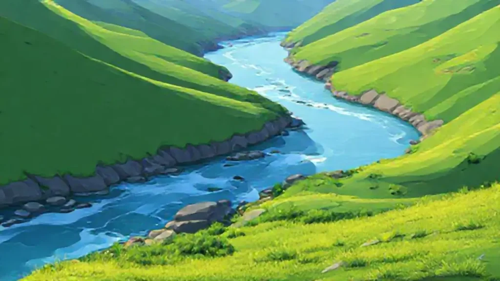 Río serpentea por colinas verdes
