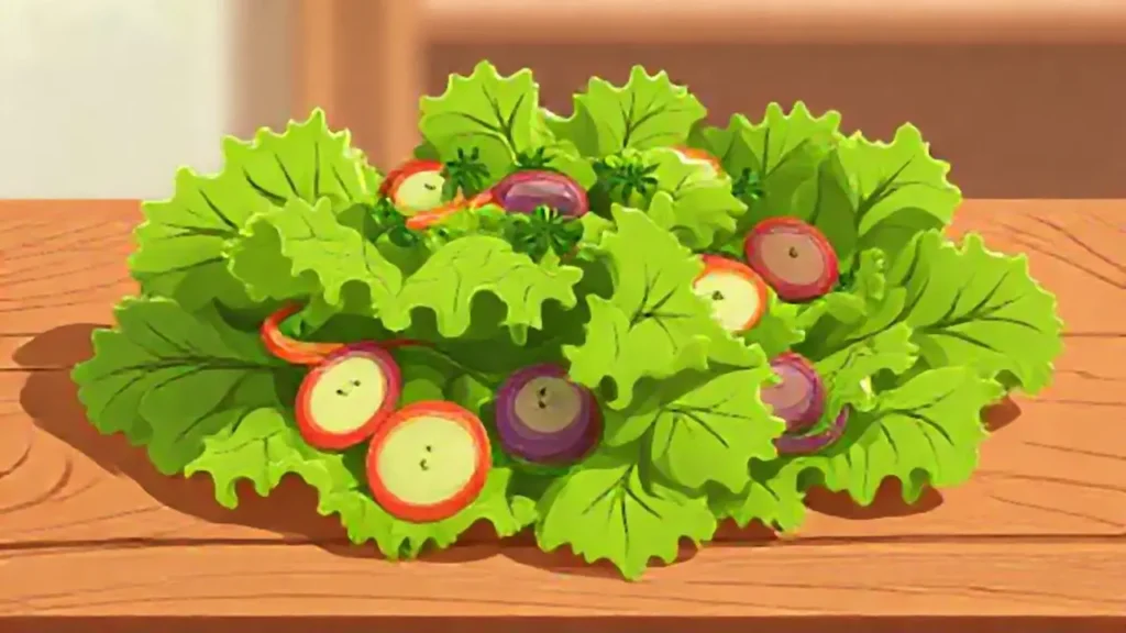 Ensalada verde sobre mesa de madera